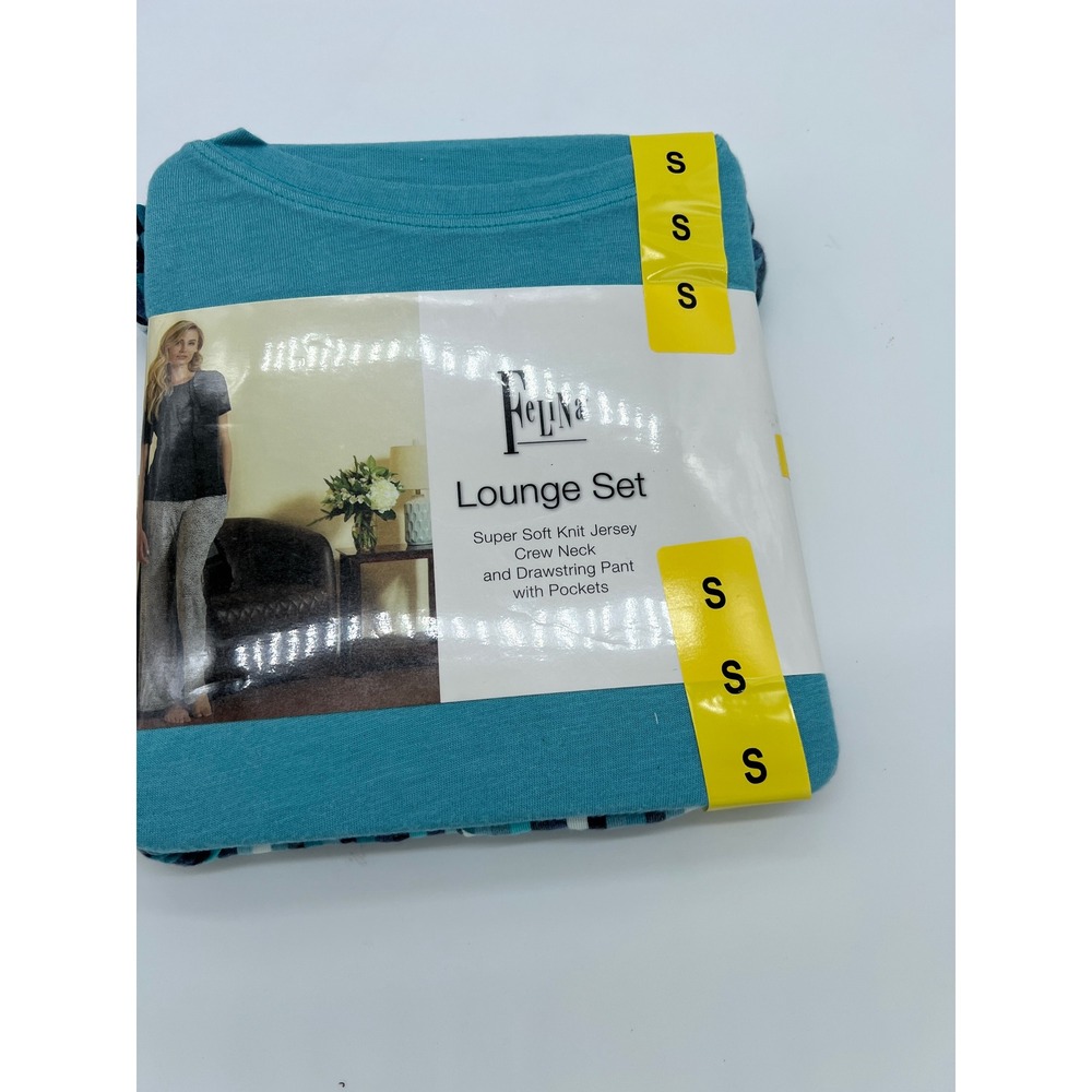 Felina Lounge Set Womens Small Teal Blue Knit Crew Neck Top Drawstring Pants NEW